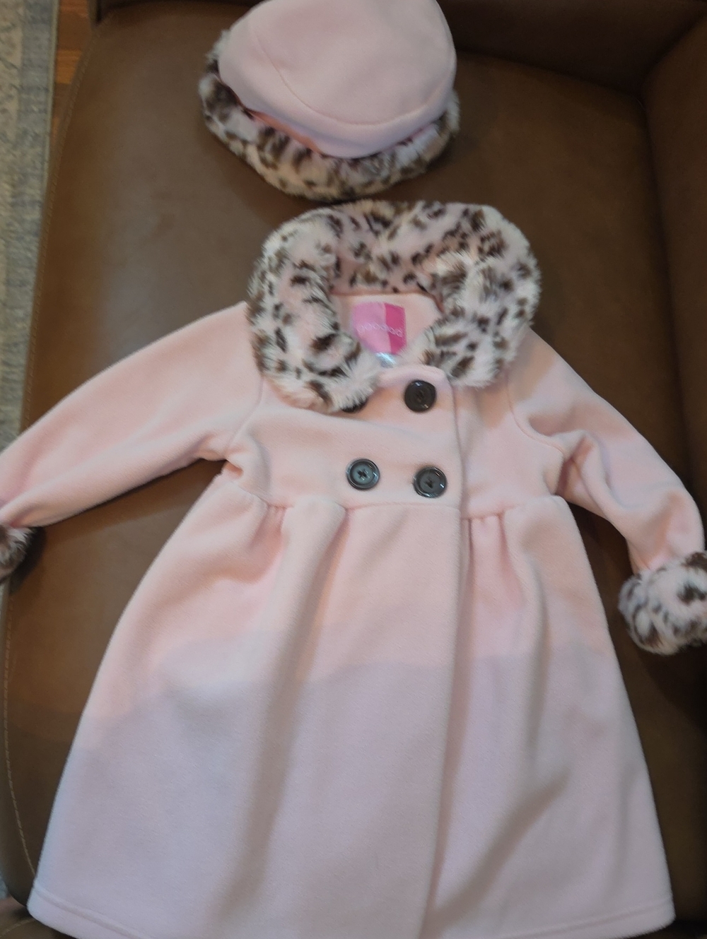 Good Lad Pink Coat with Faux-Leopard Trim and Matching Hat
